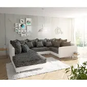 DELIFE Canapé panoramqiue Clovis blanc noir avec tabouret et accoudoirs