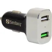 Sandberg Chargeur de voiture 1xQC 3.0+1xUSB2.4A, Adaptateur pour véhicule, Noir