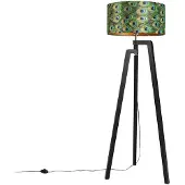 QAZQA Lampadaire trépied noir avec abat-jour motif paon 50 cm - Puros