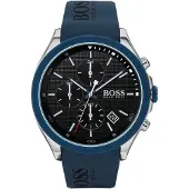 HUGO BOSS Velocity 1513717 - Montre Homme: boîtier acier 44 mm, cadran noir, bracelet silicone bleu, 5 ATM, date, quartz