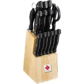 Bergner Poignées noires Bloc de bois 1,2 - 1,5 mm d'épaisseur Acier inoxydable Bloc à couteaux 15pcs RB-2528
