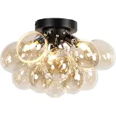 QAZQA Plafonnier design noir avec verre ambré 3 lumières - Uvas