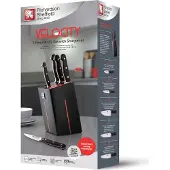 Richardson Sheffield Bloc à couteaux VELOCITY équipé 6 pièces noir/rouge, aiguiseur de couteaux intégré et set de couteaux de haute qualité, manches à triple rivets