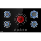 Klarstein Plaque de Cuisson Gaz et Vitrocéramique 5 Feux, Table de Cuisson à Gaz, Plaque Gaz et Vitro de 9.2 kW en Acier Inoxydable, Plaque de Cuisson Vitroceramique Encastrable, Plaque Cuisson Mixte