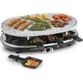 Klarstein Appareil a Raclette, Machine a Raclette avec Pierrade de 1500W, Gril en Pierre Naturelle, Appareil Raclette Rotatif et Ajustable pour 8 Personnes, Poelon Raclette, Service Complet à Raclette