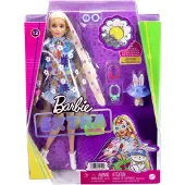 Barbie Extra Doll and Accessoires avec des cheveux blonds extra-longs portant une tenue florale et un poncho avec un lapin pour animaux de compag