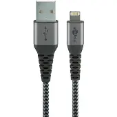 Goobay 49267 Câble Lightning USB-A textile avec connecteurs métalliques, 0,5 m, 0.5 m, noir-gris - Câble de charge et de synchronisation élégant et extra-résistant, MFi, pour Apple iPh