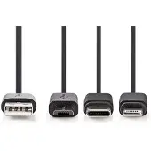 Nedis Câble 3 en 1 - USB 2.0 - USB-A mâle - Apple Lightning 8 broches / USB Micro-B mâle / USB-C mâle - 480 Mbps - 1.00 m - nickelé - rond - PVC - noir - Label