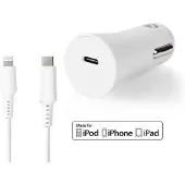 Nedis Chargeur de voiture - 20 W - 1.67 / 2.22 / 3.0 A - Nombre de sorties : 1 - Type de port : USB-C - Câble Lightning 8 broches (en vrac) - 1.00 m - Sélection automatique de la tension
