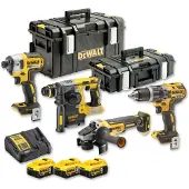DeWalt Pack 4 machines DCK422P3 : perceuse (DCD796), visseuse à choc (DCF887), perforateur (DCH273) et meuleuse Ø125mm (DCG405) avec 2 coffrets Toughsystem et 3 batteries 5,0 Ah 18V