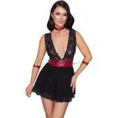 Cottelli Babydoll dentelle noir avec col bondage - M