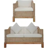vidaXL Canapé "Perasdorf" avec coussins en coton en rotin naturel + blanc crème. Dimensions (L/H/P) 132x74x78 cm