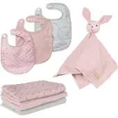 Roba Coffret Bébé Lil Planet - 7 PCS - 3 Bavoirs + 1 Doudou + 3 Langes - Cadeau de Naissance - Rose / Gris