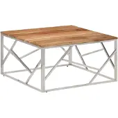 vidaXL Table basse argentée Acier inoxydable et bois massif d'acacia