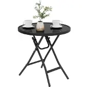 OEM Table de bistrot ronde pliante, verre noir et métal