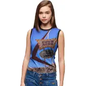 Superdry pour femme. W6011959A Débardeur avec imprimé noir (XS), Casuel, Coton, Sans manches / bretelles