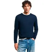 Gant pour homme. 8050205 Pull en laine mérinos extra fine, col ras du cou marine (3XL), Casuel, Manche longue
