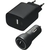 Speedlink Kit chargeur mural et de voiture USB-A & USB-C 15W, noir (15 W, 2 ports), Chargeur USB, Noir