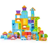 Northio Blocs en bois dans un seau ECO TOYS 100 pcs - couleurs pastel, City