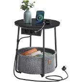 Vasagle Table D'appoint Ronde Avec Station De Recharge, Petite Table Avec Prise, Table Basse, Ports Usb, Panier En Tissu, Salon, Chambre À Coucher,