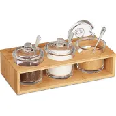 Relaxdays Lot De 3 Pots À Épices, Salière, Sucrier, Avec Support En Bambou, Cuillère Et Couvercle, Nature/Transparent -