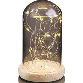 Hellum Cloche en verre avec guirlande lumineuse LED et socle en bois, dôme amovible, 30 LED, minuterie 523713