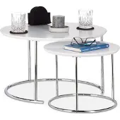 Relaxdays Lot de 2 d'appoint ronde, petite Mat Café Tables gigognes, bois, Chromé, 60 x 60 cm, métal, Blanc, 60 x 60 x 35 cm