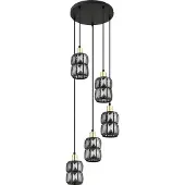 Globo Lighting Lampe à suspendre métal noir mat, cristaux de verre fumé, métal laiton mat, câble PVC noir, ø : 300mm, H : 1200mm, excl. 5x E14 40W 230V
