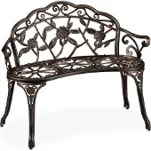 Relaxdays Banc de jardin , 2 places, motif roses, terrasse, balcon, aluminium et fonte, banc de style ancien, dimensions : 78 x 99 x 52 cm, couleur bronze