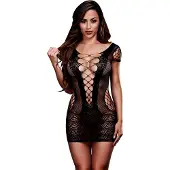 Baci - robe mini résille manches courtes à lacets - noir (S-L)