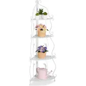Relaxdays Étagère d'angle en métal , 4 tablettes, L x H x P : 113 x 30 x 30 cm, étagère à plantes sur pied, pliable, style vintage, blanche