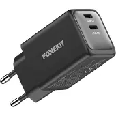 FoneKit GaN PD 48W Charger, USB-C + USB-C, black (48 W, 2 ports), Chargeur USB, Noir