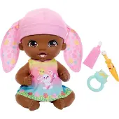 Mattel Amusez-vous à brosser les dents Poupée bébé lapin - Rose (30 cm) avec 3 accessoires et robe réversible 2 en 1, bonnet bleu