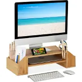 Relaxdays Support D'écran En Bambou, 4 Tiroirs, Réhausseur D'écran D'Ordinateur/laptop, Hxlxp : 16x57,5x25 Cm, Naturel - Relaxdays