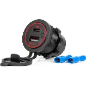 Amio Chargeur de voiture étanche USB + USB-C QC3.0 12V 24V avec indicateur LED