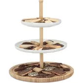 Relaxdays Présentoir À Gâteaux En Bambou 3 Étages Céramique Plat De Service Fruits Apéritif Dxh 30 X 36cm, Blanc-Nature -