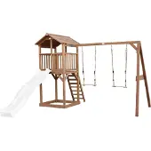 Axi Beach Tower Aire De Jeux Avec Toboggan En Blanc, 2 Balançoires & Bac À Sable | Grande Maison Enfant Extérieur En Marron | Cabane De Jeu En Bois