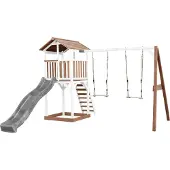 Axi Beach Tower Aire De Jeux Avec Toboggan En Gris, 2 Balançoires & Bac À Sable | Grande Maison Enfant Extérieur En Marron & Blanc | Cabane De Jeu En