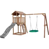Axi Beach Tower Aire De Jeux Avec Toboggan En Gris, Balançoire Nid D'Oiseau Vert & Bac À Sable | Grande Maison Enfant Extérieur En Marron | Cabane