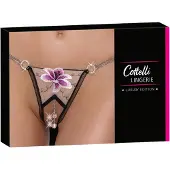 Cottelli - string femme brodé luxe - noir et blanc - motif lys