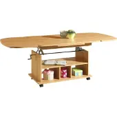 Hela Table basse avec fonction, table de salon Babsi -Reproduction hêtre - hauteur réglable et extensible - pieds à roulettes - grand plateau - 107x157x67cm