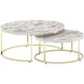 Wohnling Table basse 2 pièces Blanc Or Aspect marbre Table de salon Ronde Moderne