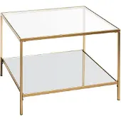 Haku Table d'appoint, carrée, tube d'acier/verre, verre de sécurité transparent en haut, verre miroir en bas, L 600 x P 600 x H 450 mm, or