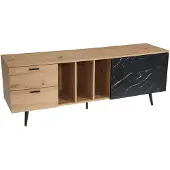 Wohnling Buffet basReproduction chêne avec look marbre en noir 150x55x40 cm Commode TV Armoire TV haute Moderne Table TV Armoire TV avec porte