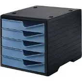 Styro Box à tiroirs styroswing, 5 tiroirs, blocage de l'extraction &amp; poignée encastrée, empilable, L 270 x P 340 x H 255 mm, polystyrène, noir-bleu pigeon