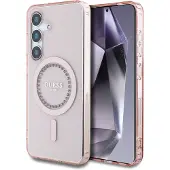 GUESS Coque MagSafe IML avec strass pour Samsung Galaxy S25 - Rose