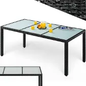 Casaria Table en résine tressée de jardin noir 190x90x75cm verre