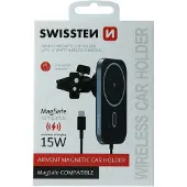 Swissten Support magnétique pour voiture avec chargeur sans fil, Support pour smartphone, Noir