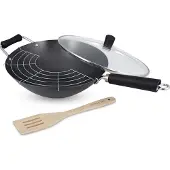 Ken Hom Set de 4 woks Acier au carbone avec revêtement anti-adhésif/poignée en résine phénolique Ø 31 cm