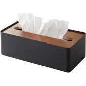 Yamazaki Boîte à Mouchoirs - - Métal Noir - Couvercle Bois - 26cm x 13cm x 8.2cm